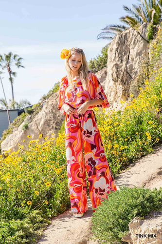 Pink Abstract Print Wide Leg Pants