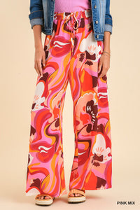 Pink Abstract Print Wide Leg Pants