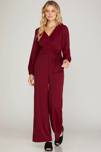Wine Surplice Jumpsuit