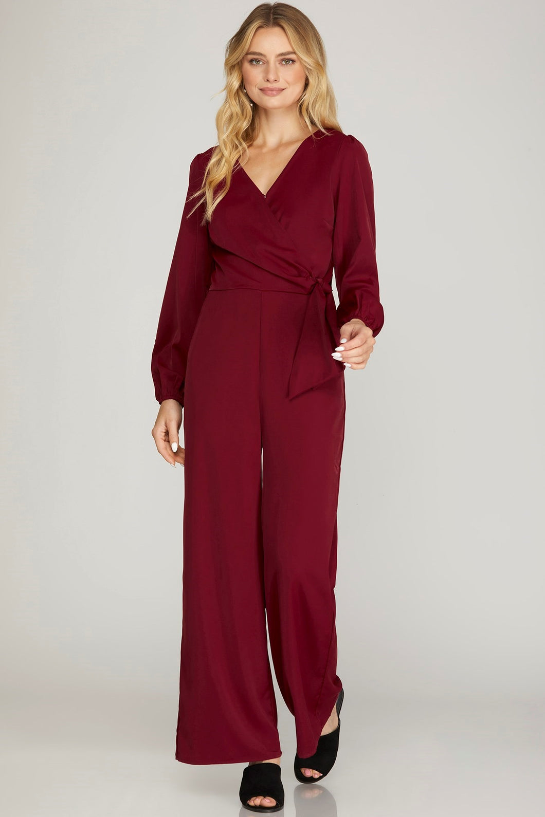 Wine Surplice Jumpsuit