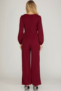 Wine Surplice Jumpsuit