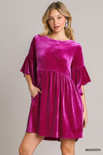 Magenta Velvet Ruffle Sleeve Dress