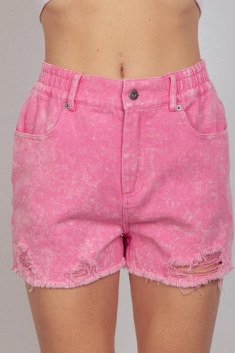 Pink High Waist Elastic Denim Shorts