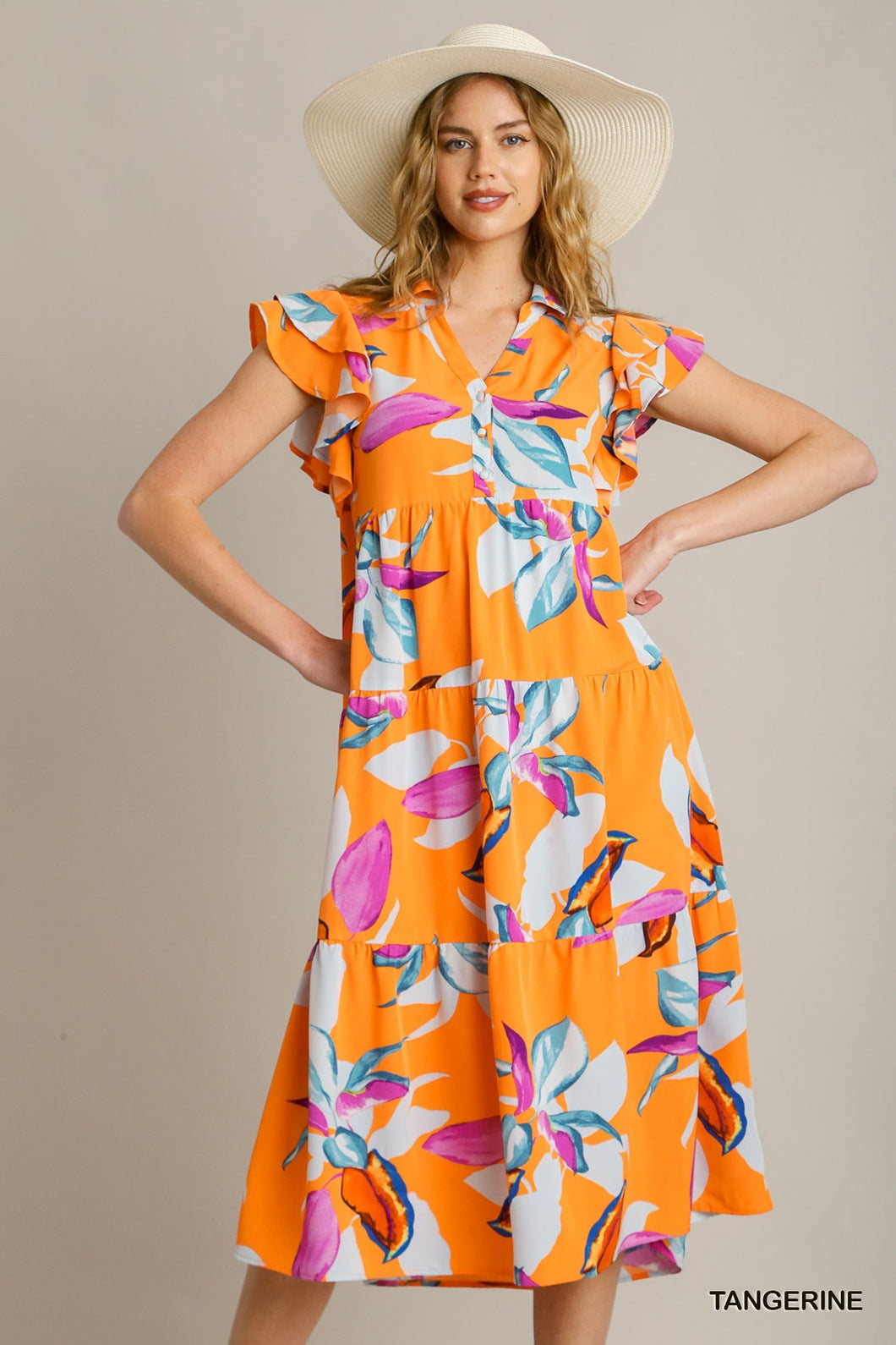 Tangerine Floral Midi Dress