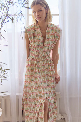 Cream Floral Print Zipper Midi Dress