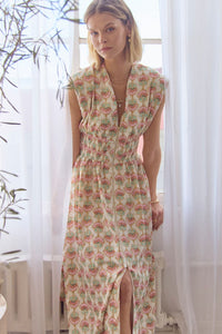 Cream Floral Print Zipper Midi Dress