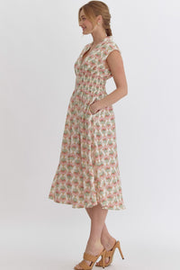 Cream Floral Print Zipper Midi Dress
