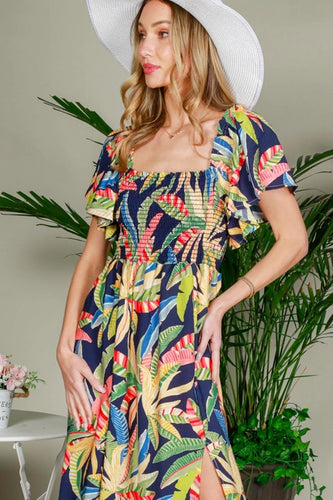 Navy Tropical Print Smocked Midi Dress