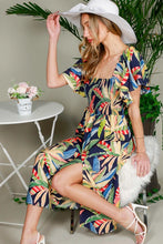 Navy Tropical Print Smocked Midi Dress