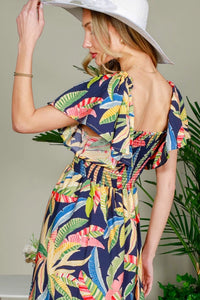 Navy Tropical Print Smocked Midi Dress