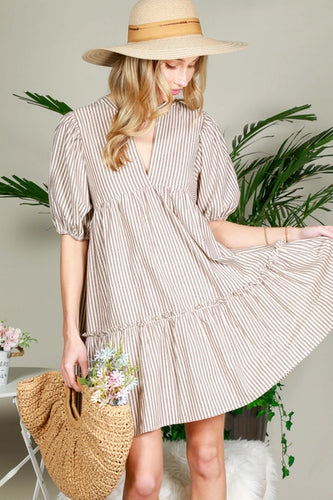 Taupe Stripe Puff Sleeve Dress