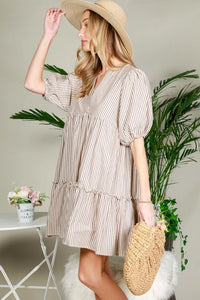 Taupe Stripe Puff Sleeve Dress