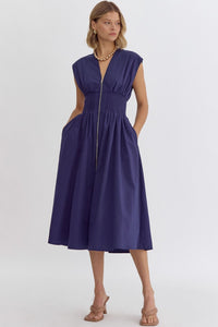 Navy Zipper Smocked Midi Dress
