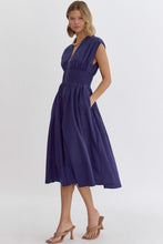 Navy Zipper Smocked Midi Dress