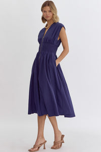 Navy Zipper Smocked Midi Dress
