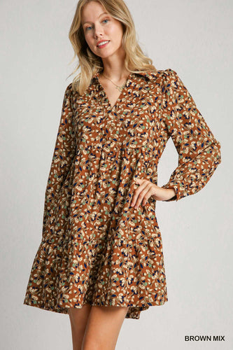 Brown Floral Collared Dress