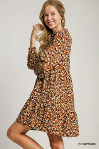 Brown Floral Collared Dress