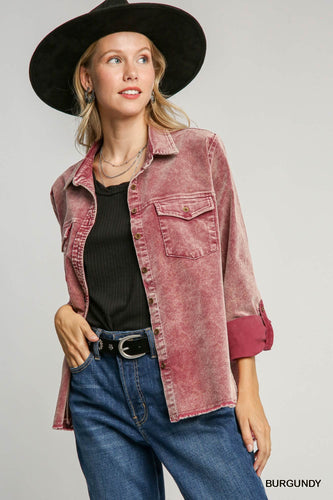 Burgundy Stone Wash Collared Shirt