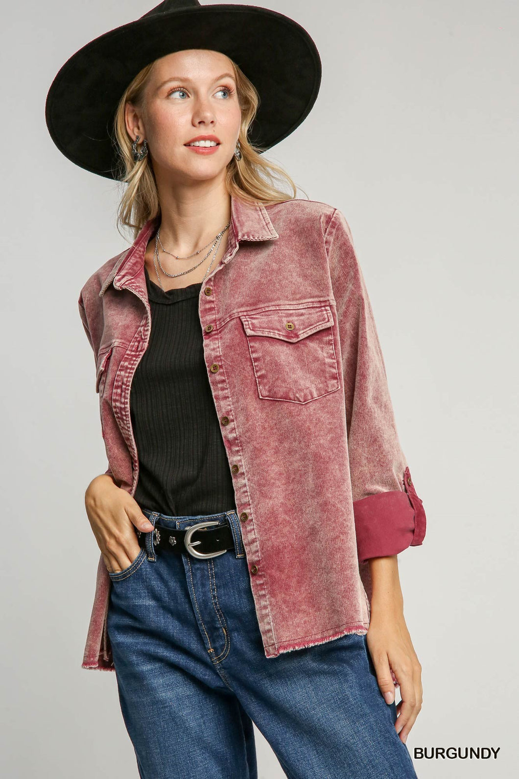 Burgundy Stone Wash Collared Shirt