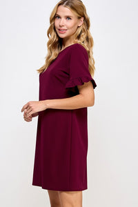 Burgundy Ruffle Sleeve Shift Dress