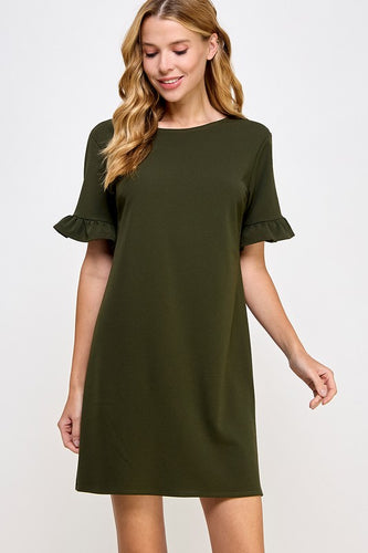 Olive Ruffle Sleeve Shift Dress