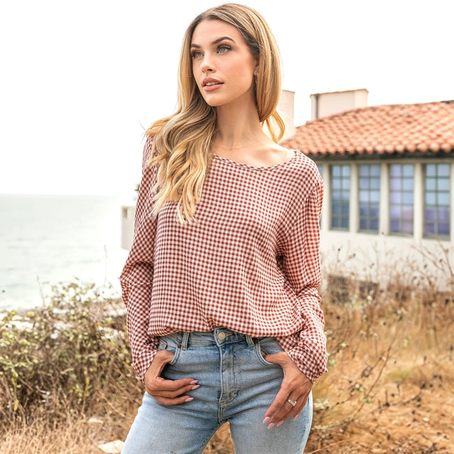 Rust Plaid Long Sleeve Top