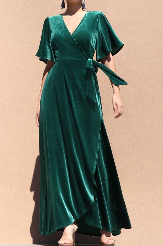 knee length dresses for ladies Hunter Green Velvet Wrap Maxi Dress – Sweet Chic Boutique