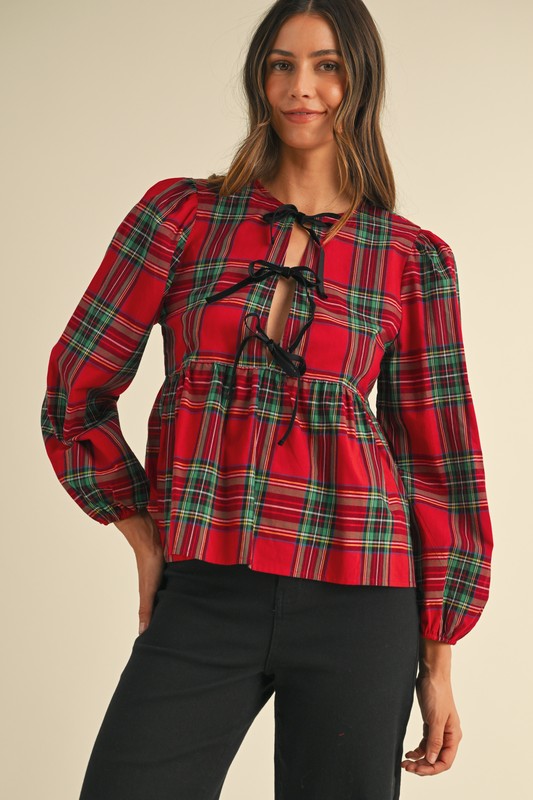 Red Plaid Bow Peplum Top