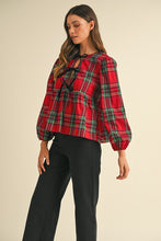 Red Plaid Bow Peplum Top