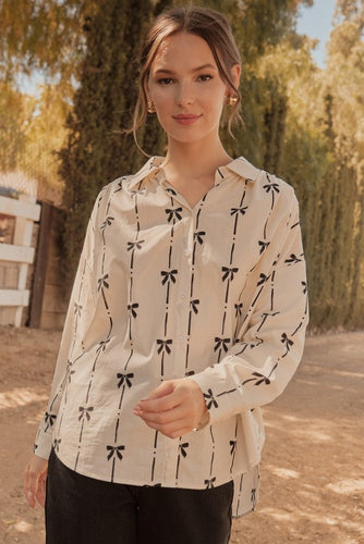 Ivory Bow Print Long Sleeve Top