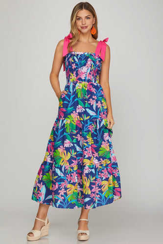 Royal Blue Floral Tie Dress