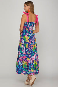 Royal Blue Floral Tie Dress