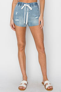 Risen Light Wash Denim Jogger Shorts