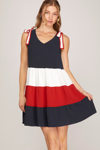 Navy Red Tiered Dress