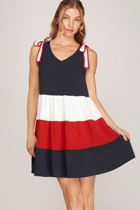 Navy Red Tiered Dress