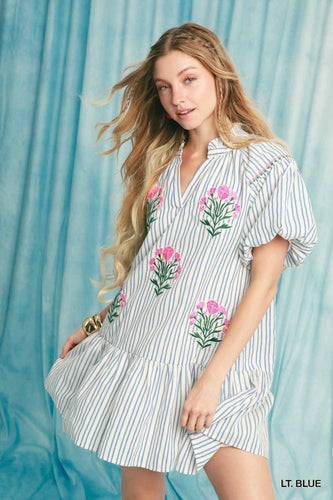 Blue Striped Floral Embroidered Dress