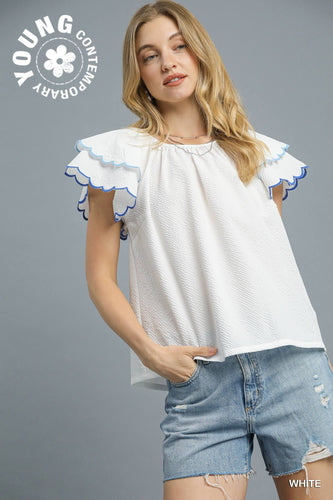 White Scallop Edge Ruffle Sleeve Top