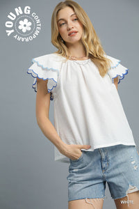 White Scallop Edge Ruffle Sleeve Top
