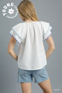 White Scallop Edge Ruffle Sleeve Top