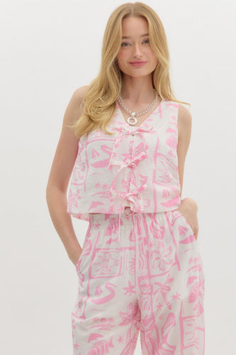 Pink Resort Pattern Tie Top
