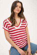 Red Stripe Crochet Short Sleeve Sweater