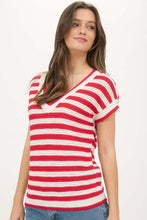 Red Stripe Crochet Short Sleeve Sweater
