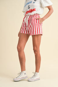 Red Stripe Denim Shorts