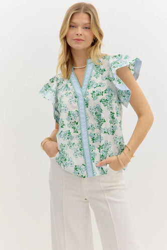 Blue Floral Contrast Piping Top