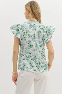Blue Floral Contrast Piping Top