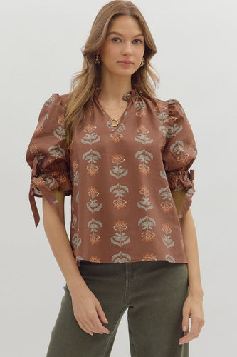 Brown Floral Bubble Sleeve Top