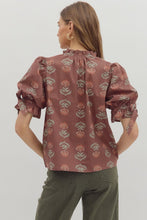 Brown Floral Bubble Sleeve Top