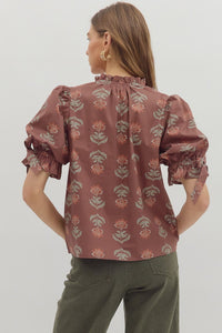 Brown Floral Bubble Sleeve Top