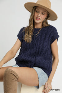 Navy Cable Knit Short Sleeve Sweater
