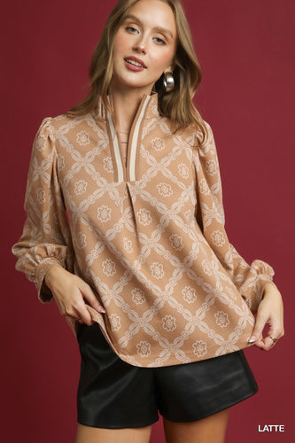 Latte Abstract Print High Neck Top
